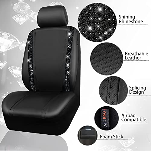 CAR PASS Bling Diamond Car Seat Covers, Shining Rhinestones Waterproof Faux Leather, 7 Seats 3 Rows with Zipper Glitter Crystal Sparkle Strips Universal Fit 95% MPV,SUV,CAR for Women Girl, Black - color: Solid Black Seven Seats, size: Full Set