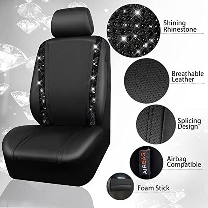 CAR PASS Bling Diamond Car Seat Covers,Shining Rhinestones Waterproof Faux Leather, 8 Seats 3 Rows with Zipper Glitter Crystal Sparkle Strips Universal Fit 95% MPV,SUV,CAR for Women Girl, Black - color: Solid Black Seats Eight, size: Full Set