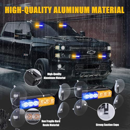 2X 6.1 inch Emergency Strobe Lights Amber/Blue 12 LED Warning Flashing Safety Dash Front/Rear Windshield Lights Grill Surface Mount for Police Firefighter Ambulance Vehicles Trucks - color: Amber/Blue