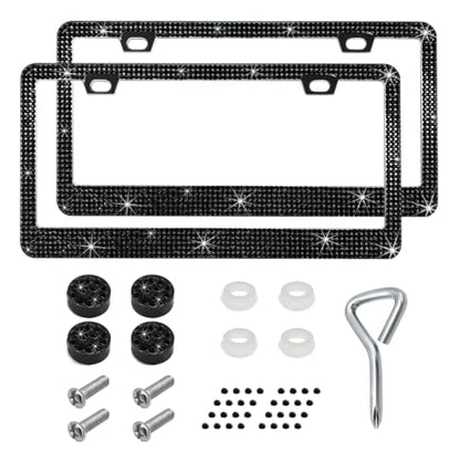 DXNQ Bling License Plate Frame, Sparkly Rhinestone Diamond License Plate Cover with Crystal Screws Caps, Glitter Crystal Stainless Steel License Plate Holder for Women, Car Accessories (Black,2PCS) - color: Black,2PCS