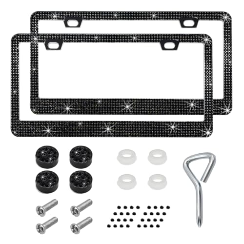 DXNQ Bling License Plate Frame, Sparkly Rhinestone Diamond License Plate Cover with Crystal Screws Caps, Glitter Crystal Stainless Steel License Plate Holder for Women, Car Accessories (Black,2PCS) - color: Black,2PCS