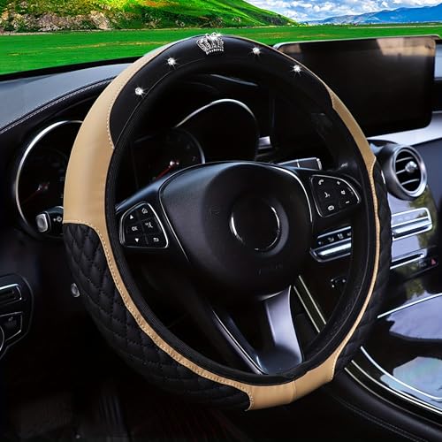 Bling Car Steering Wheel Cover, Diamond Leather Crystal Rhinestones Vehicles Steering Wheel Protector, Sparkling Anti-Slip Automotive Interior Decoration Accessories, Universal Fit (Beige) - color: Beige