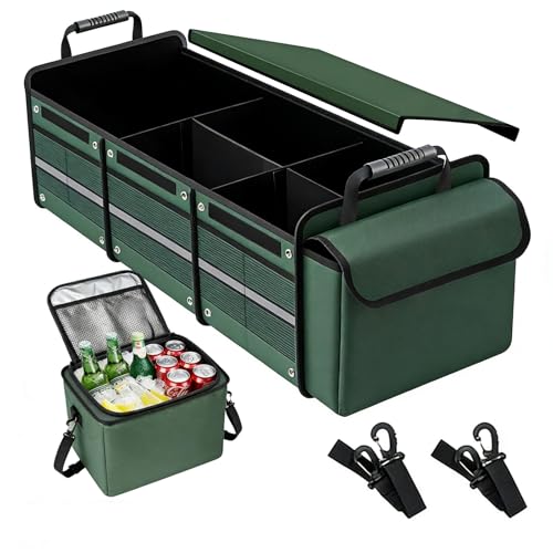 Car Trunk Organizer with Cooler Bag, Collapsible Multi-Compartment Car Organizer for SUV, Truck, Durable Car Storage Organizer for Groceries, Camping, Christmas Gifts (Green) - color: Green