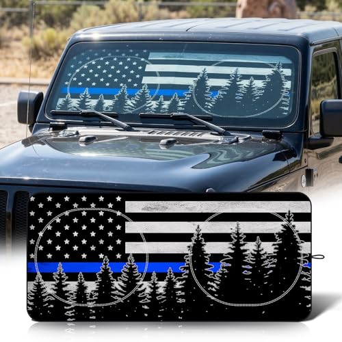 63"x28.5" Car Windshield Sun Shade with Storage Pouch, Stylish Printed Front Window Sunshade with Double Ring Frame, Universal Fit Foldable Heat Blocker & UV Protector for SUV, Sedan (Blue Line Flag) - color: Blue Line Flag