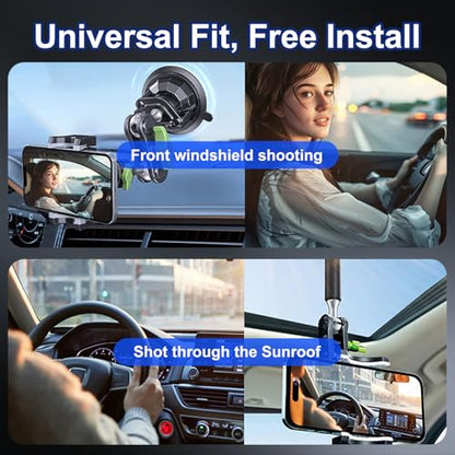 Phone Mount for car，Suction Cup Car Phone Mount，360° AdjustableMetal material ,Phone Holder for Video Recording，for Truck Camera vlogging, Mobile phone live streaming stand, no installation required