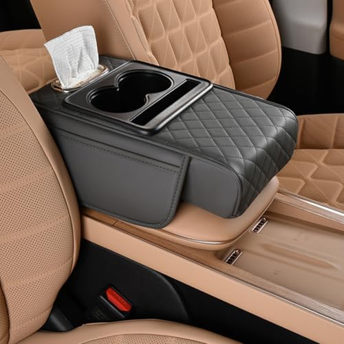 Car Armrest Cushion,5-in-1 Center Console Cover with 2 Storage Bags Cup Holder, Tissue Box Slot, Phone Slot for Sedans, Car Accessories Interior Organizers (Gey) - color: Gey