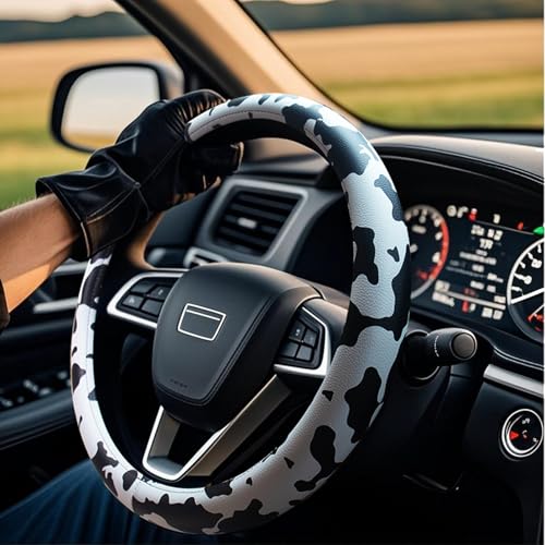 Universal Steering Wheel Cover Women 14.5-15 inch car Accessories Cow Print Western Leather Anime Black and White Cute Wheel Cover Anti-Slip Car Protecter for Men - color: Cow Print