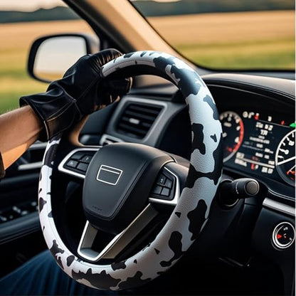 Universal Steering Wheel Cover Women 14.5-15 inch car Accessories Cow Print Western Leather Anime Black and White Cute Wheel Cover Anti-Slip Car Protecter for Men - color: Cow Print