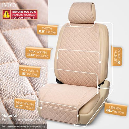 IVICY Faux Linen Front Car Seat Cover – Durable, Non-Slip Seat Protector for Cars – 1 Unit, Light Beige - color: BEIGE HYB LN