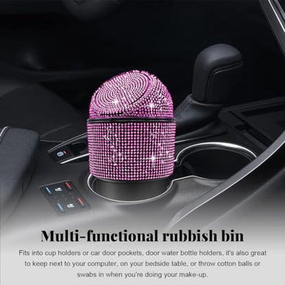 Yourkar Bling Car Trash Can with Lid, Sparkling Crystal Auto Garbage Can with Leak-Proof Lid, Multipurpose Waterproof Trash Bin for Automotive Home Office Kitchen Bedroom (Pink) - color: Pink