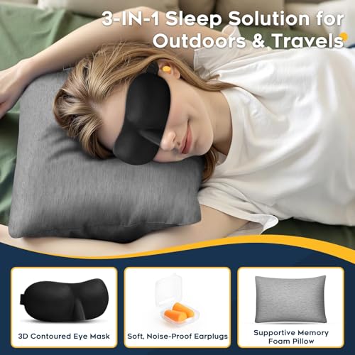 CushyOasis All-in-1 Camping Pillow Set - Shredded Memory Foam Neck Pillow Travel Pillow with Eye Mask, Earplugs, Washable Cover, Compact for Backpacking, Camping, Flights, Car Travel (Medium Size) - size: Medium