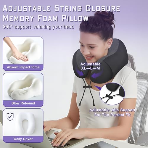 Neck Travel Pillow, Upgraded Memory Foam Pillow for Airplane, Machine Washable, Adjustable Flight Pillow, Suitable for Sleeping Airplane, Car, Office and Home (Black) - color: Black