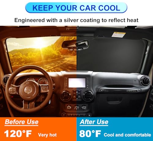 Windshield Sun Shade for Jeep Wrangler TJ JK JKU 4&2 Door 1997-2017 Front Window Shade Sun Visor Protector Jeep Wrangler Accessories Foldable Sunshade Reflective Polyester Blocks UV Rays Keep Car Cool - size: for Wrangler 1997-2017