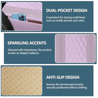 Bling Leather Car Center Console Cover, 12.2"×7.48" Crystal Rhinestone Automotive Arm Rest Cover with Side Pockets, Universal Vehicle Armrest Protector, Interior Car Accessories (Pink Leather) - color: Pink Leather