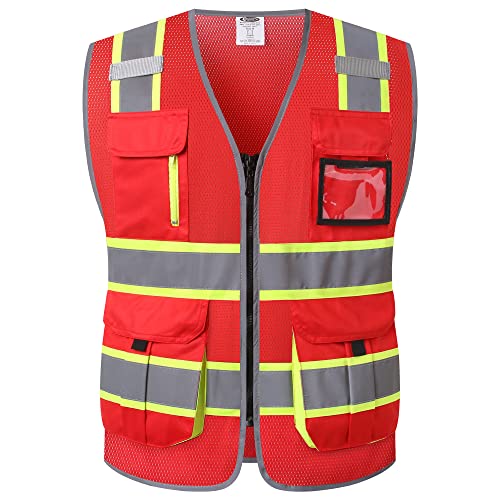 JKSafety 9 Pockets Hi-Vis Mesh Safety Vest for men and women | Chaleco reflectante de seguridad | Zipper Front | Multiple Pockets | Class 1 (140-Red M) - color: Jk140-red, size: Medium