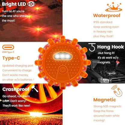 Ecoangel USB-C Rechargeable LED Road Flares Emergency Lights-Large Capacity (Lithium Battery) 3 in 1 Cable Roadside Warning Car Safety Beacon Flashing Disc Kit with Magnetic Base for Vehicles - color: USB-C 6PACK