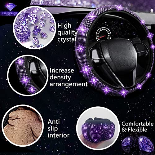 NBTEPEM 27 PCs Purple Violet Bling Car Accessories Set for Women, Steering Wheel Covers Universal Fit 15 Inch, Bling License Plate Frame, Bling Phone Holder, Bling Car Coasters - color: Purple Violet Diamond