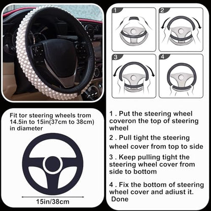 Leather Bling Steering Wheel Cover Women Rhinestone White Soft Comfortable Glitter Sparkly Universal 15 inch Steering Wheel Cover Non-Slip Car Accessories - color: Pearl White