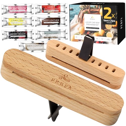 Premium Wooden Car Air Freshener Vent Clip | Box of 7 Scents Long Lasting Car Air Freshener with Magnetic Clip | Infused with Essential Oils | 60 Days' Worth of Car Scents by Perfa