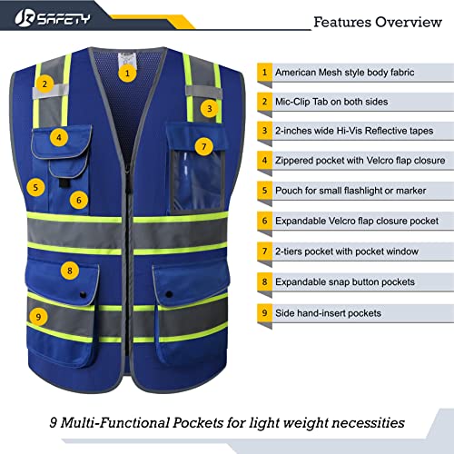 JKSafety 9 Pockets High Visibility Zipper Front MESH Blue Safety Vest | Blue with Dual Tone High Reflective Strips | ANSI/ISEA Standards (100-Blue, M) - color: Mesh-blue, size: Medium