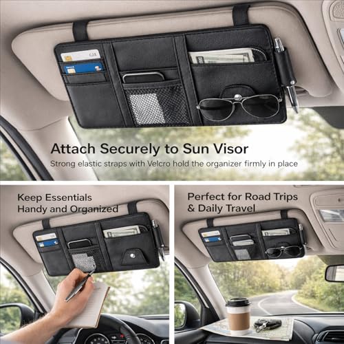 Car Sun Visor Multi-Pocket Organizer — Black (Universal Car/SUV/Truck Storage Pouch) - color: Black