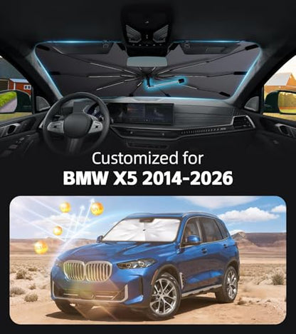 Windshield Sun Shade for BMW X5 2014-2026 with 360° Rotating Shaft, Custom Fit Umbrella Sunshade for UV Blocking, Interior Heat Protection, Easy Storage - size: Fit for BMW X5 2014-2026
