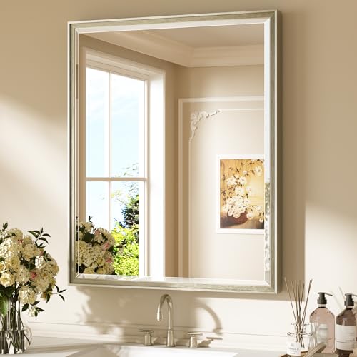 Keonjinn 30" x 36" Brushed Nickel Bathroom Mirrors for Over Sink, Tempered Glass with Beveled Edge, Aluminum Alloy Wide Frame, Rustproof, Rectangle Silver Vanity Wall Mirror(Vertical/Horizontal) - color: Brushed Nickel, size: 36"L x 30"W