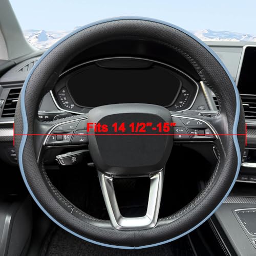 HAOTULE Leather Steering Wheel Cover， with Anti-Slip Stripe Design - Enhanced Grip, Fashion Style, Safe, Non-Slip, Breathable. Upgrade car Interior，Black Blue - color: Black Blue