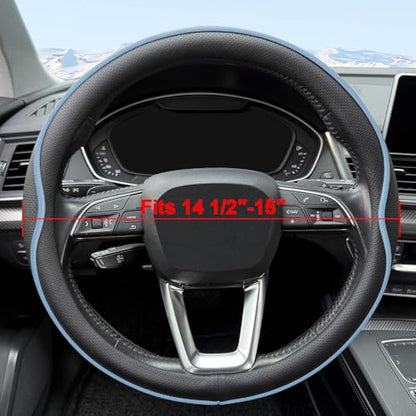 HAOTULE Leather Steering Wheel Cover， with Anti-Slip Stripe Design - Enhanced Grip, Fashion Style, Safe, Non-Slip, Breathable. Upgrade car Interior，Black Blue - color: Black Blue