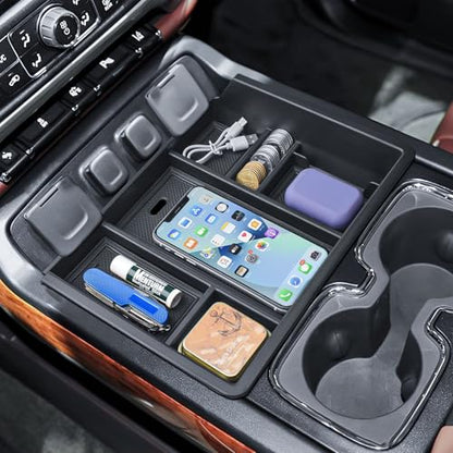EDBETOS Center Console Organizer Tray Compatible with 2014-2018 Chevy Silverado/GMC Sierra 1500 Accessories 2015-2019 Silverado/Sierra 2500HD/3500HD Compartment Storage,Full Console w/Bucket Seat ONLY - color: Black Trim