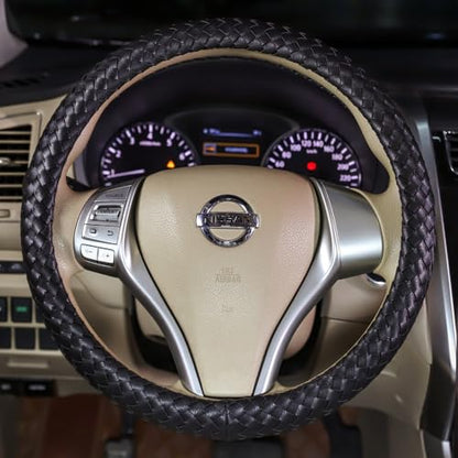 Carwales Car Leather Steering Wheel Cover Men Luxury Black Hand-Made Wrap Hand Woven Universal 14.5-15 Inch - color: Black