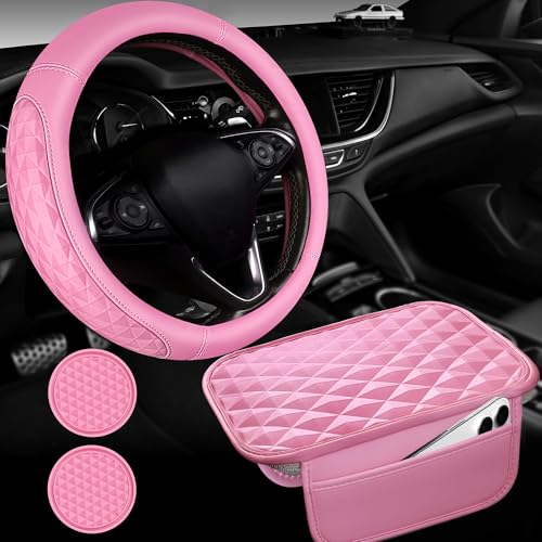 CAR PASS 3D Rhombus Leather Steering Wheel Cover Car Accessories Set, Comfortable Center Console Armrest Cushion with Storage Bags 2 Non-Slip Cup Coasters, 14.5-15in Cute Car Interior Sets, 4 PCS Pink - color: Pink