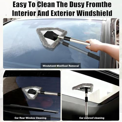 Conliwell Windshield Car Cleaning Tool, 13-16.7-inch Extendable Handle with 180-Degree Rotation and 4 Reusable Microfiber Cloth Heads, Suitable for Cleaning Car Windows Inside and Out (Black)