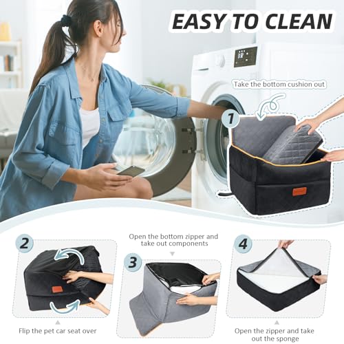 HEGGCOOE Small Dog Car Seat, Memory Foam Dog Booster Seats with Thick Cushion for Medium Dogs Under 35lbs, Detachable Washable Pet Car Seat Bed with Storage Pockets,2 Safety Belts - color: Black/gray