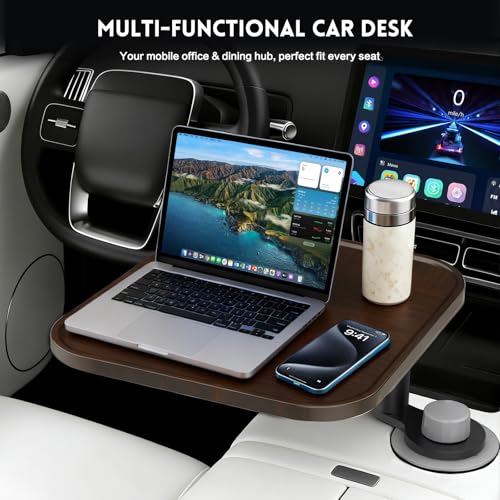 360° Rotation Car Desk for Laptop, Height-Adjustable Cup Holder Table, Wooden Car Food Tray & Laptop Mount Compatible with Tesla Model Y/3/S, Ford F150/Explorer/Maverick & Most Vehicles (Dark Walnut) - color: Dark Walnut