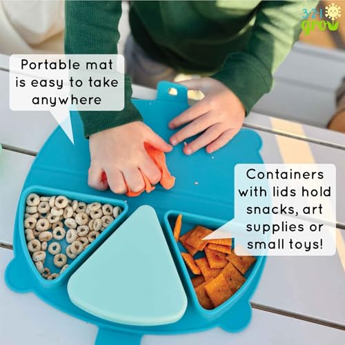 Silicone On-The-Go Snack Mat – Foldable Reusable Placemat with 3 Compartments and Lids – Travel-Friendly Baby and Toddler Snack Plate – Dishwasher Safe (Ocean) - color: Ocean
