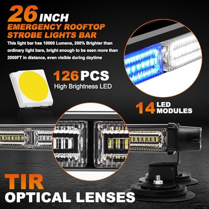 ASPL 26inch 126 LED Rooftop Emergency Strobe Lights Bar Double Side Flashing Safety Warning Traffic Advisor Light Bar Hazard Snow Plow Light for Trucks Vehicles Construction Tow Pickup(Blue/White) - color: Blue/White