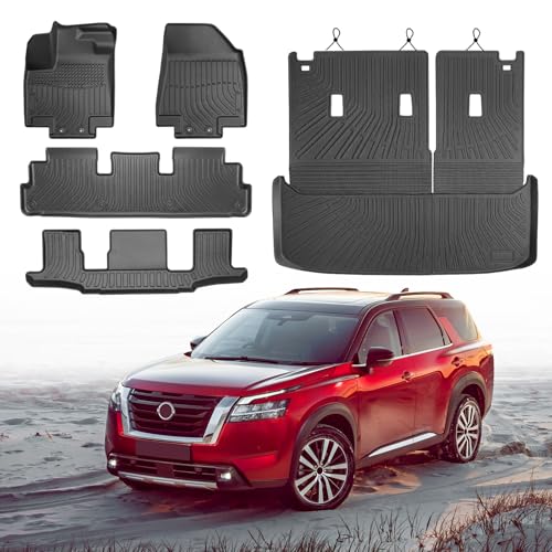 Cartist Floor Mats and Cargo Liner Fit for Nissan Pathfinder 7 Seats 2022-2026 All Weather TPE Floor Mat Pathfinder Accessories Heavy Duty Carpet Protection (Trunk Mat with Backrest Mat+Floor Mats) - size: 5)Nissan Pathfinder 7【22-26】Full set
