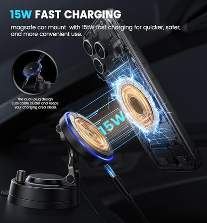 OANDYS for MagSafe Car Mount Charger 15W Fast Wireless Charging Magnetic Car Phone Holder, 82+LBS Strongest Suction, 3200gf Strongest Magnetic,360°Rotatable Stand for iPhone 17-12 Pro Max Plus Air