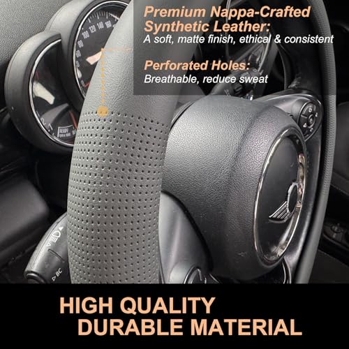 PINCTROT Large Size Nappa Leather Steering Wheel Cover, Slim Fit No Bulk Design, One Piece Leather with Breathable Perforation, Fit Like Gloves, 15.5-15.75 Inch(Nappa Dark Gray) - color: 05.Dark Gray, size: Large Size[15 1/2''-15 3/4'']