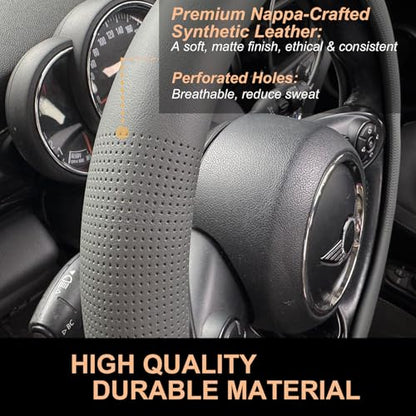 PINCTROT Nappa Leather Steering Wheel Cover, Slim Fit No Bulk Design, One Piece Leather with Breathable Perforation, Fit Like Gloves, Universal 14.5-15 Inch(Nappa Dark Gray) - color: 05.Dark Gray, size: Medium(Standard) Size[14 1/2''-15'']