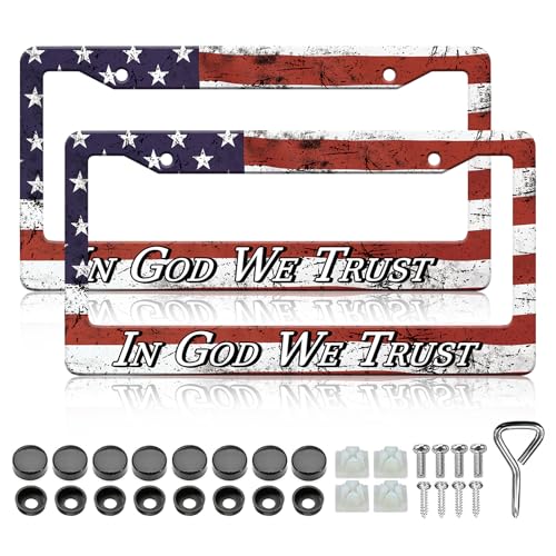 in God We Trust Christian License Plate Frames- 2 Pack American Flag Aluminum Metal License Plate Holder, Rust-Proof Waterproof Car Decorative Tag Frame with Screws Fasteners Caps - color: In God We Trust