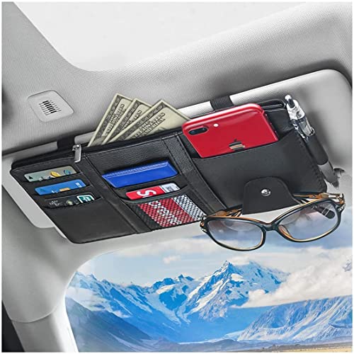 XINLIYA Car Sun Visor Organizer, Leather Storage Pocket Sun Visor Pouch with Zipper for Cards License Registration Pen Glasses Document, Fits Most Car SUV, Auto Interior Accessories (Black) - color: Black
