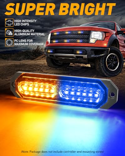 HLauto 1200T Emergency Strobe Grille Lights: 8pcs 12 LED Sync Feature Safety Warning Flashing Lights, Ultra Slim Surface Mount Hazard Caution Lights for Trucks, Vehicles, Car, ATV, UTV (Amber Blue) - color: Amber/Blue