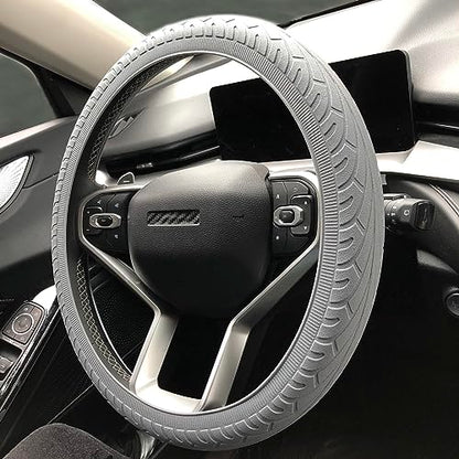 Universal Gray Steering Wheel Cover：13.5 to 15 Inches Flexible Silicone Anti Slip Steering Wheel Protector Fit for Most Car Models Including Round D Shape or Special Shape - color: Grey