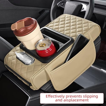 5 in 1 Car Center Console Cover, Armrest Pad with 2 Storage Pockets, Cup Holder, Tissue Box Slot, Phone Holder, Universal Car Interior Organizer (Beige) - color: Beige