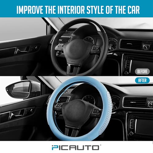 PIC AUTO Steering Wheel Cover, Glitter Gel Particles & Blue Luxury Leather Car Steering Cover, Universal Fit 14.5"-15.5" Anti-Slip Car Wheels Cover for Girls & Women - color: Blue