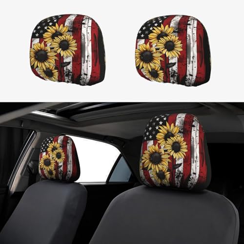2PCS Car Headrest Cover Sunflower Flag Auto Seat Head Rest Protector Decoration Vintage Patriot Star Stripe Headrest Wrap Covers Universal Automotive Accessories - color: Flags and Flower