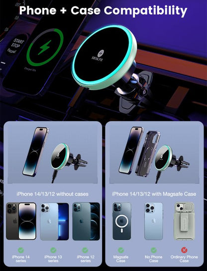 MOKPR for Magsafe Car Mount Charger-15W Wireless Car Charger-Magnetic Car Phone Holder for Dash Air Vent-LED RGB HandsFree Car Mount Fast Car Charger for iPhone 16 15/14/13/12 Series Green - color: Mint Green