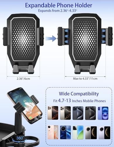 Car Cup Holder Tray - 4 in 1 Adjustable Car Cup Holder Expander with Food Tray Table and Phone Mount 360° Swivel for All Purpose, Automotive Essentials for Driver and Front Passenger